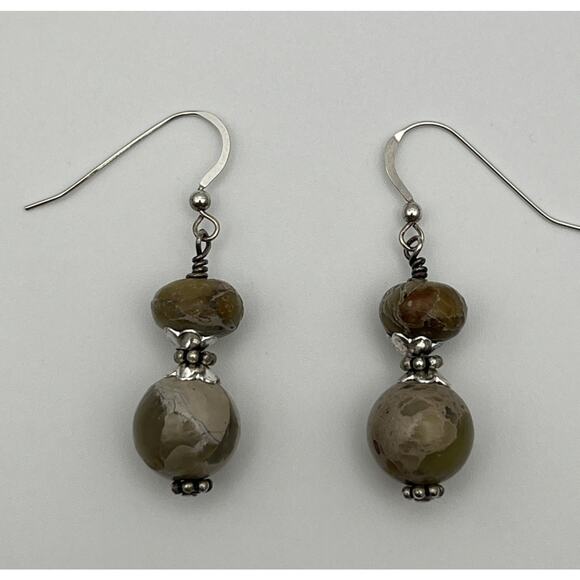 Beaded Stone Necklace & Earrings Set Natural Beige Sterling Silver Posts 18" - Picture 3 of 11